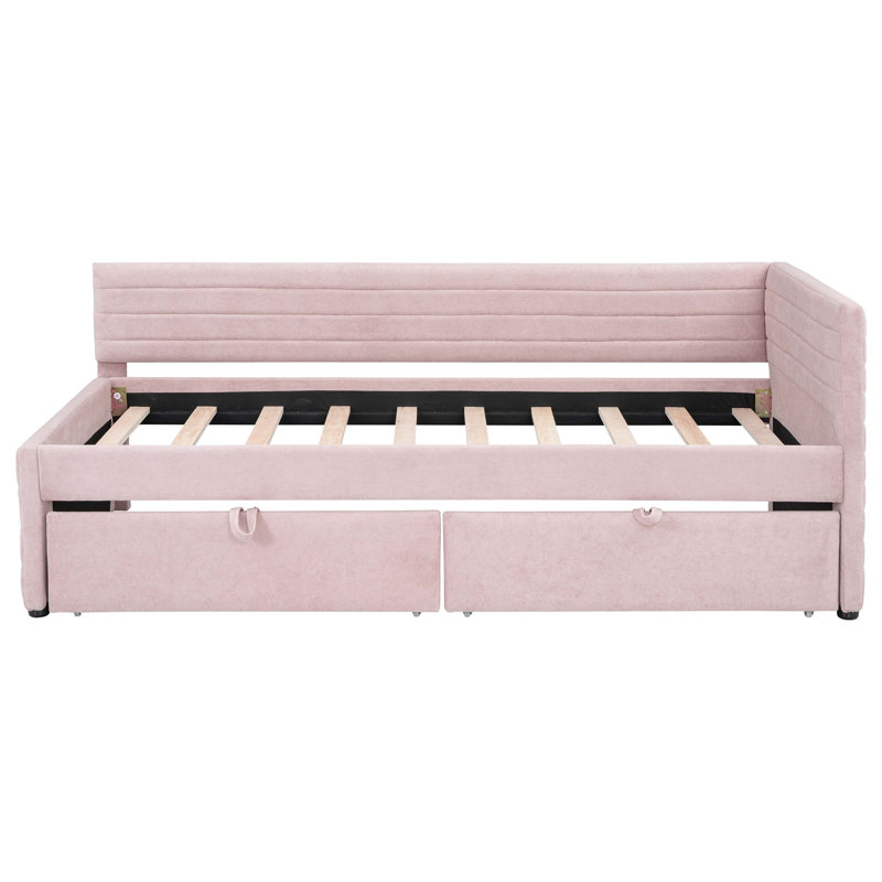 Twin Size Upholstered Daybed with 2 Drawers, Pink