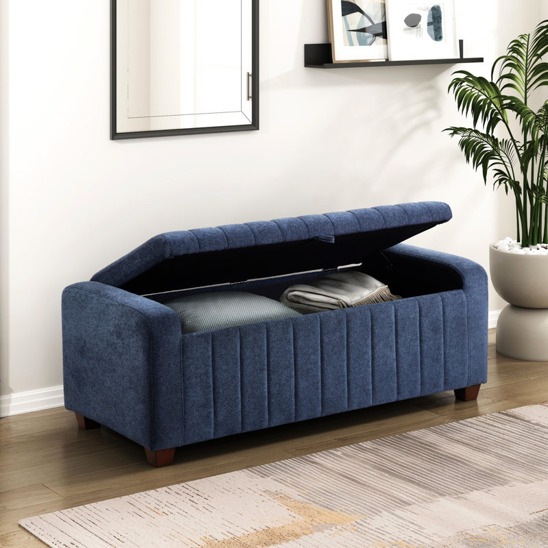Banc de rangement moderne et contemporain avec rangement intérieur intégré et pieds en bois massif Piedmont, Blue