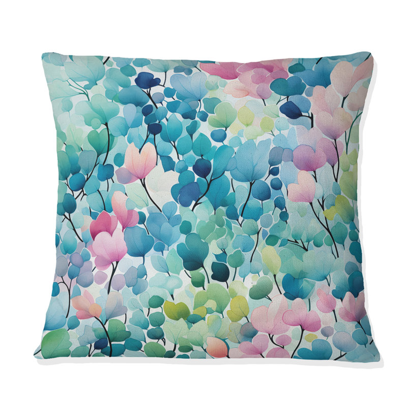 Coussin décoratif imprimé aquarelle rose et bleu II, H 18 po x l 18 po