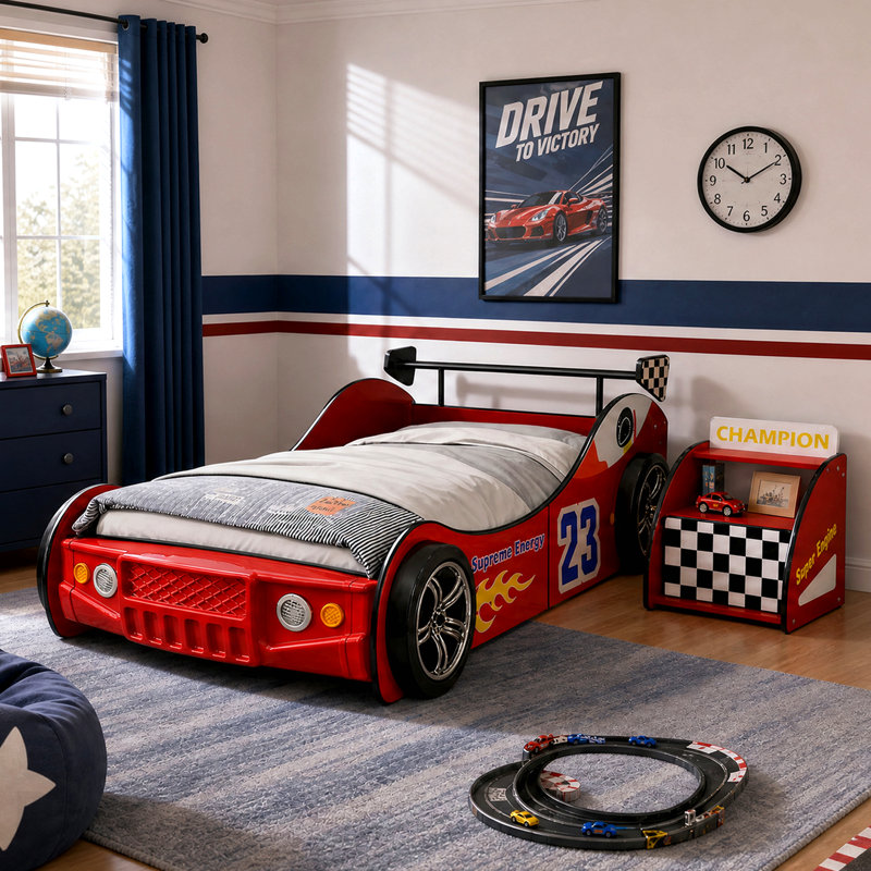Table de chevet Kids Racing Car avec tablette de rangement ouverte, 1 tiroir et bordure arrondie, Rouge