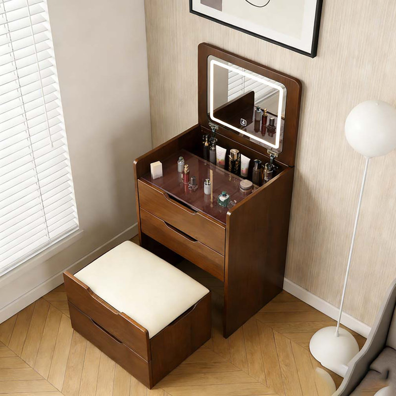 Ensemble de meuble-lavabo 3 en 1 avec miroir et plateau de maquillage, Noyer