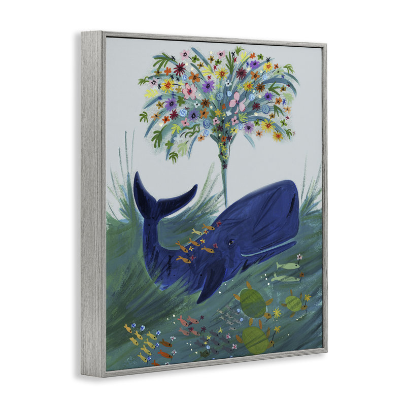 Une baleine fleurie, estampe numérique, design par Kay Widdowson, Giclée de ferme grise encadrée, H 30 po x l 24 po