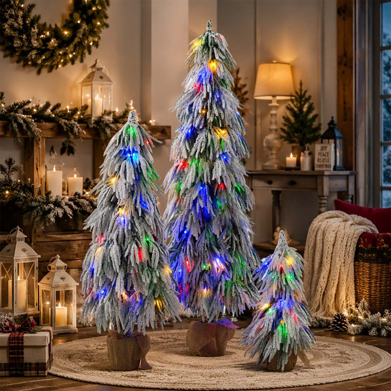 Ensemble de 3 arbres de Noël en flocons pré-éclairés, 3 pi 4,5 pi 6 pi avec blanc chaud et lumières DEL multicolores
