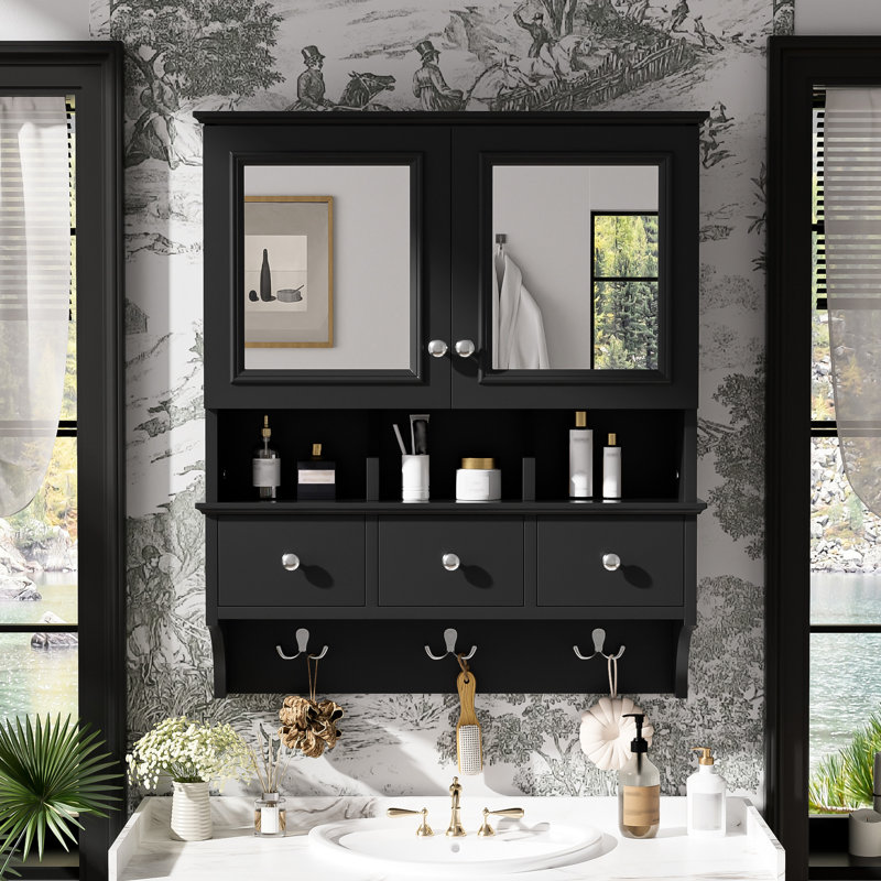41 Wall Mounted Bathroom Mirror Cabinet With Storage Drawers, Hooks, And High-Define Mirrors, 24-Inch, Black Painted, Modern Look 24-Inch Clear Mirrors For Organizing Essentials, Style, Solid Wood
