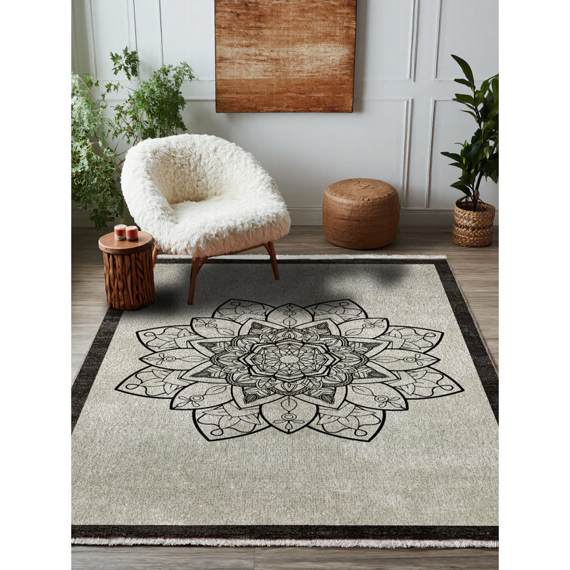 Tapis marocain en coton et polyester à imprimé numérique Qasida Collection, Rond 3 pi 4 po