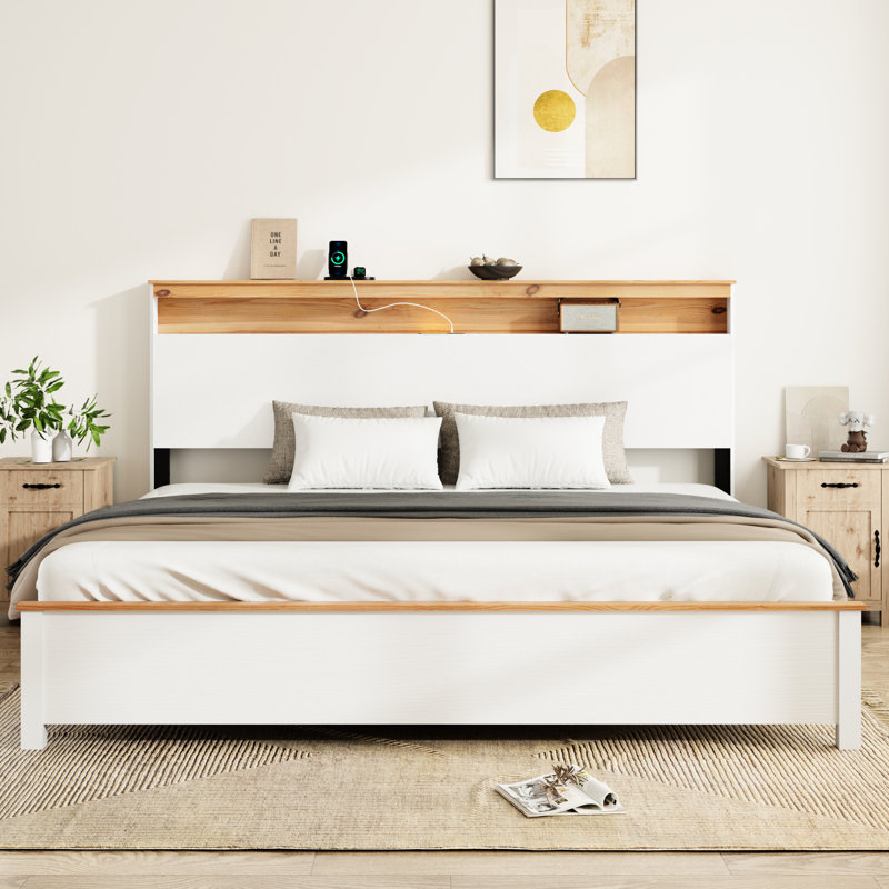 Très grand cadre de lit très grand avec lumières à DEL, charge intégrée et de type C, lattes en métal, rangement sous le comptoir et charge rustique de 800 lb pour la station de charge de la chambre à coucher, éclairage, rangement robuste