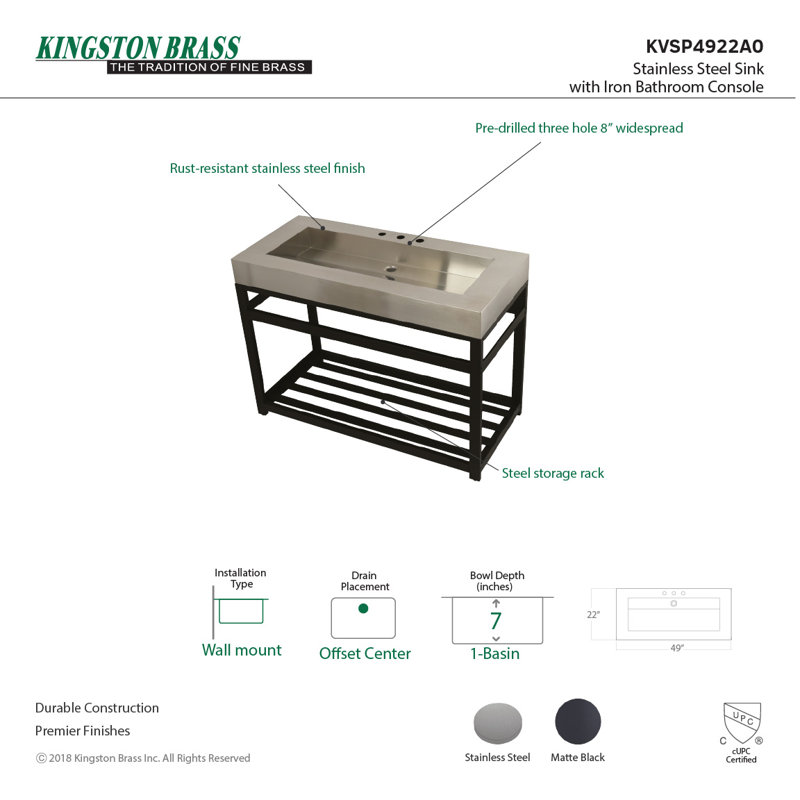 Kingston Brass Kingston Commercial 49-Inch Stainless Steel Console Sink with Steel Base (8-Inch, 3-Hole), Brushed/Matte Black