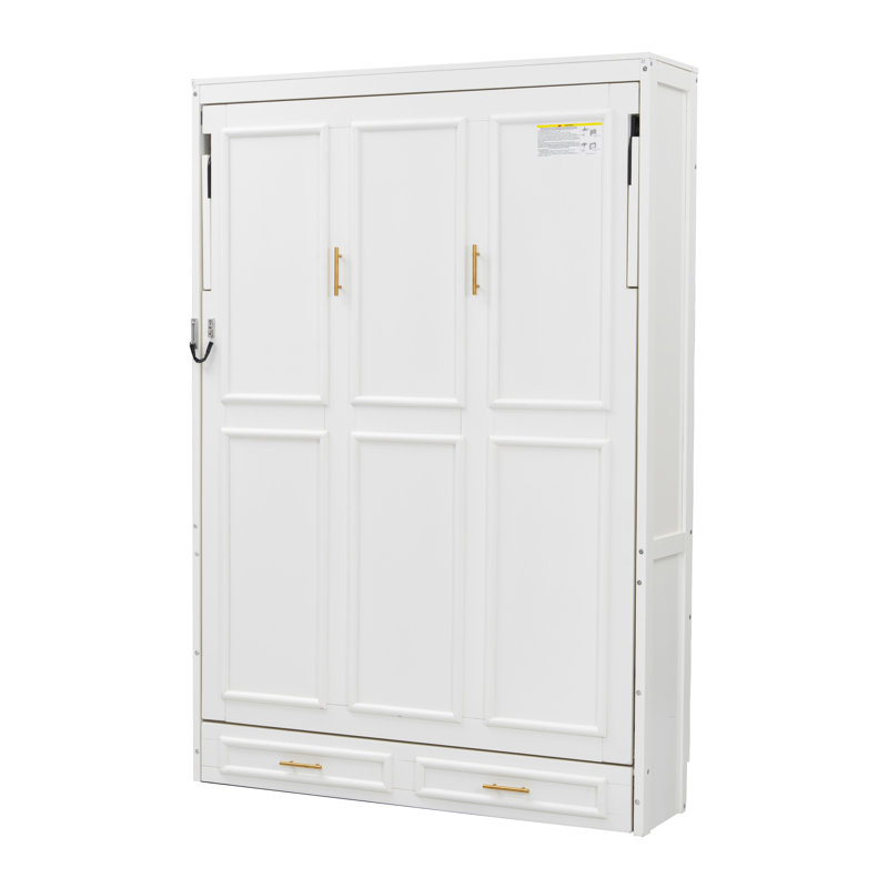 Full Murphy Bed with Drawers & Wardrobe Folding Cabinet, Beige Wood Frame