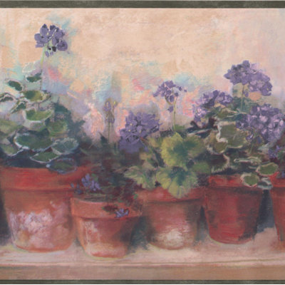 Bordure de papier peint floral et botanique Bouldin Violet Flowers in Pots on Bench