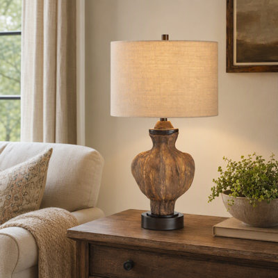 26.25"H Brown Table Lamp With Beige Burlap Drum Shade