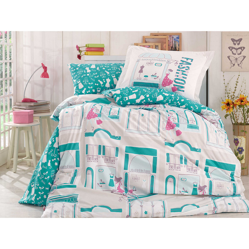 Ensemble de housse de couette 100% coton turquoise / blanc / rose 3 pièces, Abstract 2