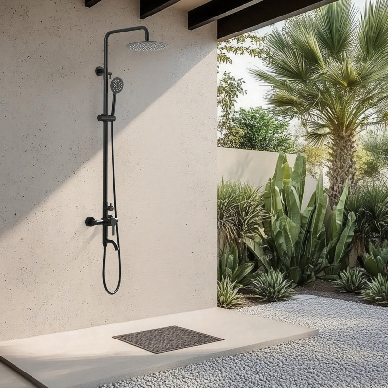 47" H Wall Mounted Stainless Steel Adjustable Height Outdoor Shower with Footwash Spout, Matte Black