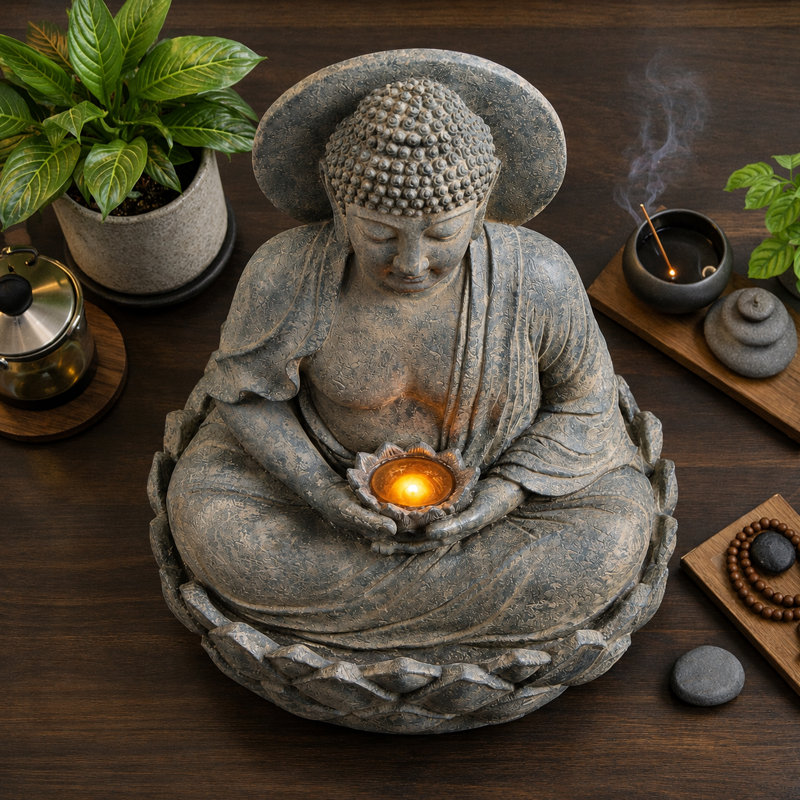 Bruster 28" Outdoor Buddha Water Fountain with LED Lotus Flower and Adjustable Pump – Zen Garden Decor Feature
