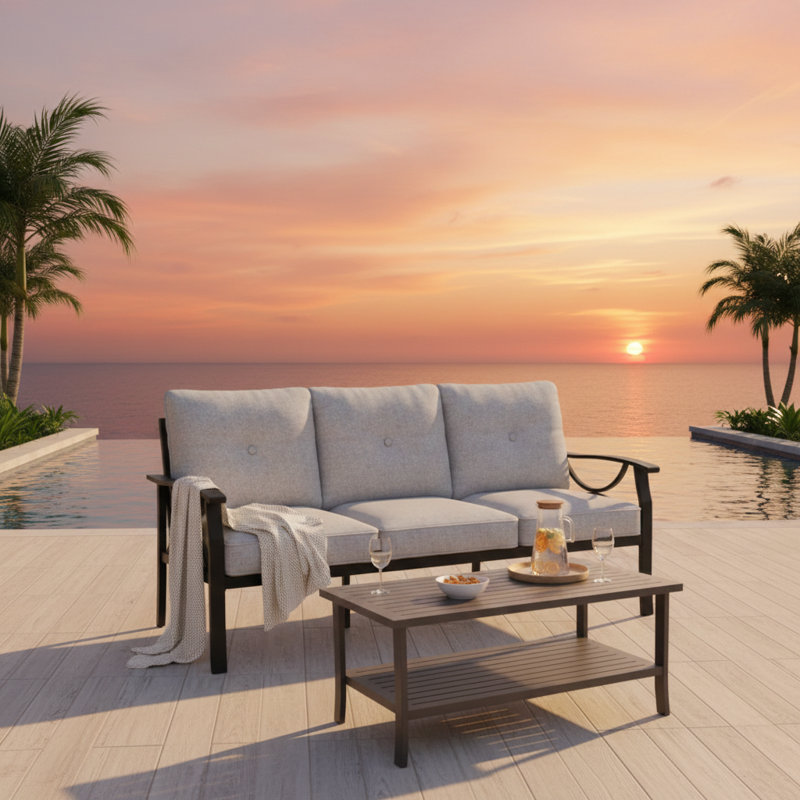 2 Piece All-Weather Outdoor Patio Set with 3-Seat Sofa and Rectangular Coffee Table, Black Frame, Gray Cushions, Gray, Black