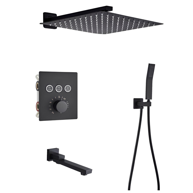 Black Square 12" Rain Head 3way Functions Hand Spray & Tub Spout Thermostatic Pb Shower Kit