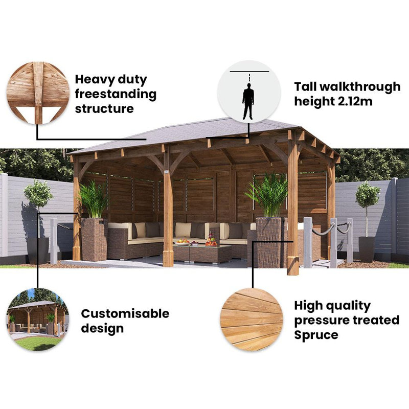 Dunster House Wooden Gazebo Kit Louvre Wall 6m x 3m with Roof Shingles Leviathan	, Light Gray