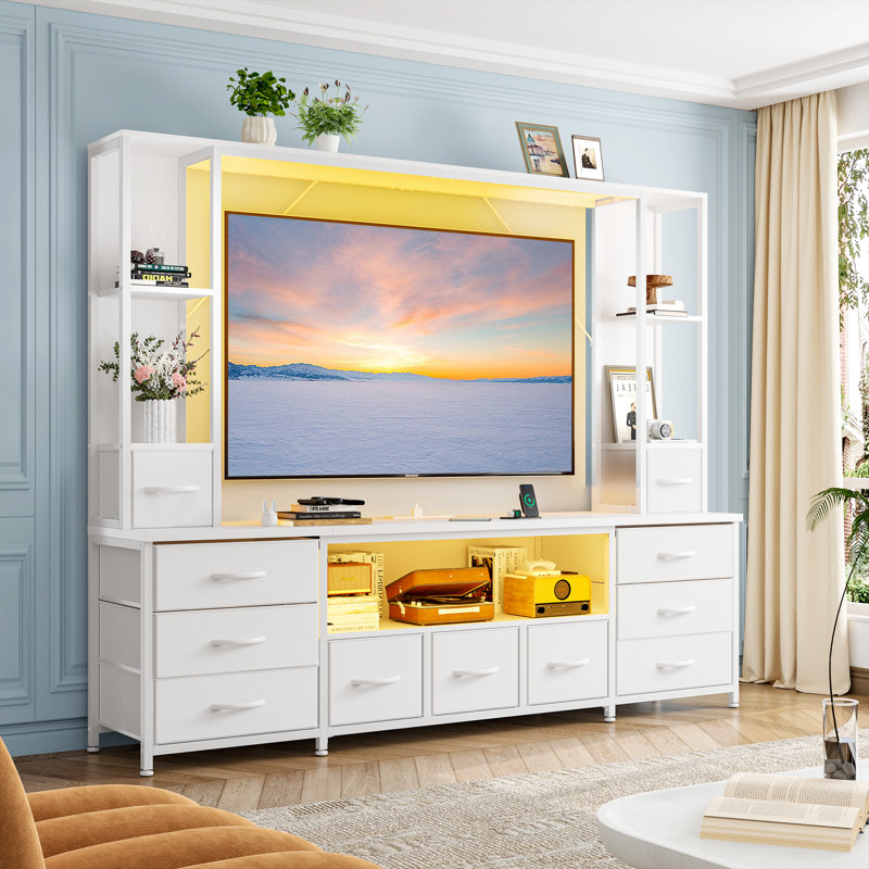 Wall-mounted 78.6"w Entertainment Center Tv Stand With 11 Fabric Drawers, Led Lighting & Built-in Outlets - Open Shelves For Living Room & Bedroom