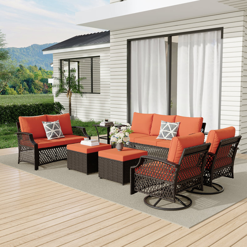 7 Piece Patio Furniture Set, Wicker Outdoor Conversation Sofa Set With Swivel Chairs, 2 Ottomans, Glass Side Table, Orange