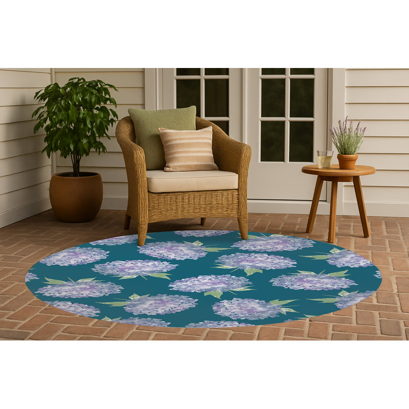 Tapis d'extérieur Hydrangea Love, Bleu sarcelle, Rond 5 pi