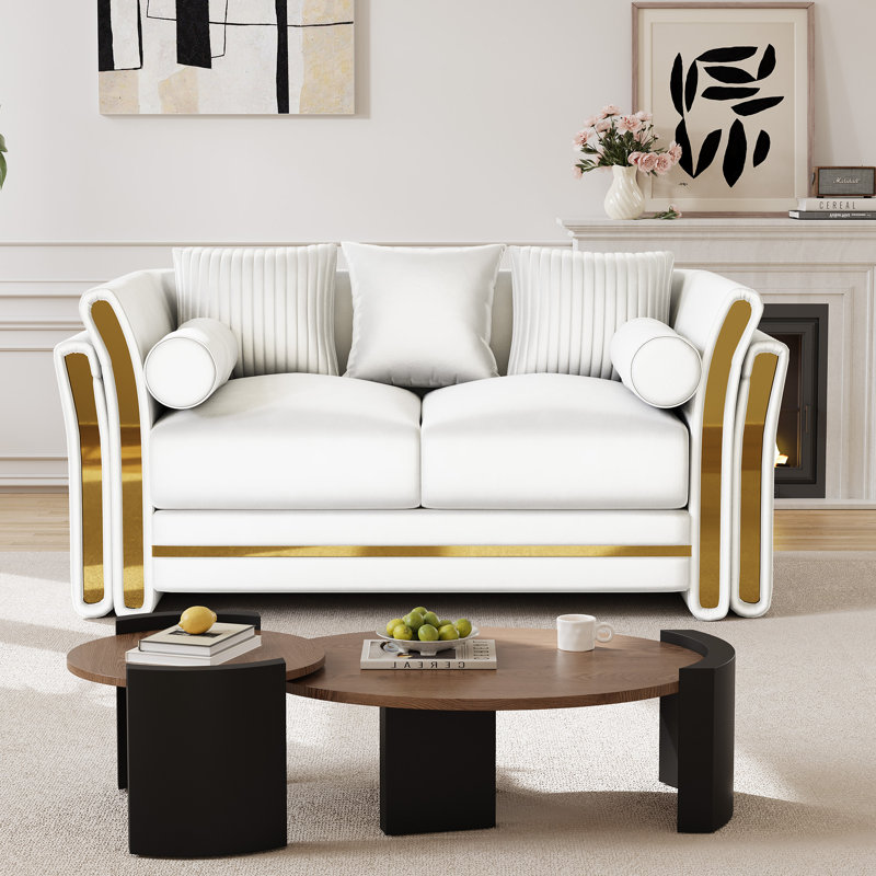 Causeuse moderne de 62 po avec accoudoirs à garniture dorée double couche, Beige, H 33 po x l 62 po x P 35 po