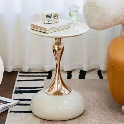 White & Gold Metal Waist Design Side Table | Modern Light Luxury Accent Table | Small Round Sofa End Table | Living Room or Bedroom Decor | Stainless Steel & Powder Coated Finish