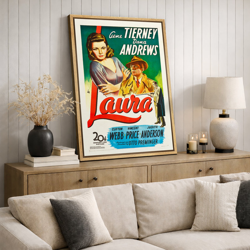 Classic Film Noir Mystery Movie Poster Artwork, Laura Pictures, Framed Canvas Giclee Print Wall Art, 24" H x 16" W x 1.5" D