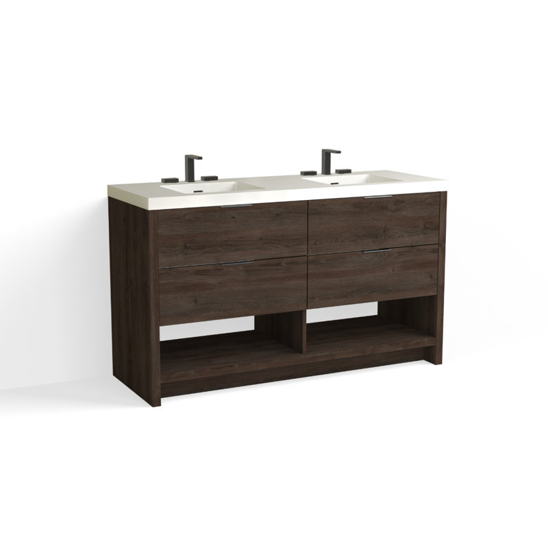 Vue 60" W Freestanding Double Bathroom Vanity, Glossy White/8" Widespread, Matte Black, White Nanomatte