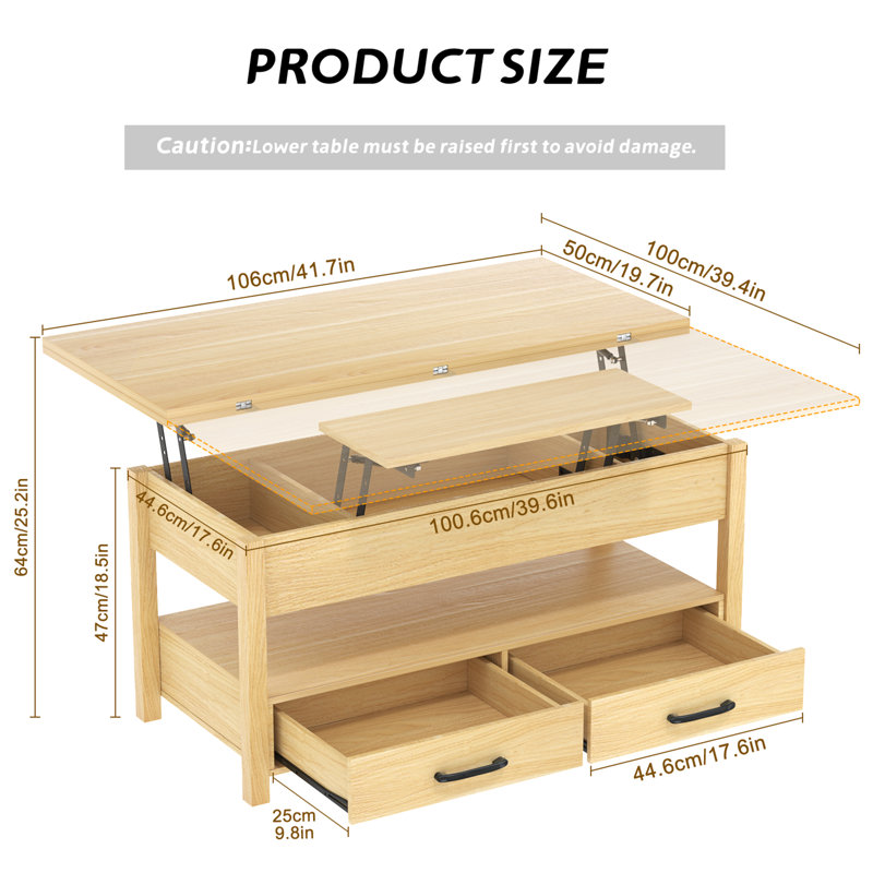 Lift Top Coffee Table, 3-in-1 Multifunctional Coffee Table with Drawers and Hidden Compartments