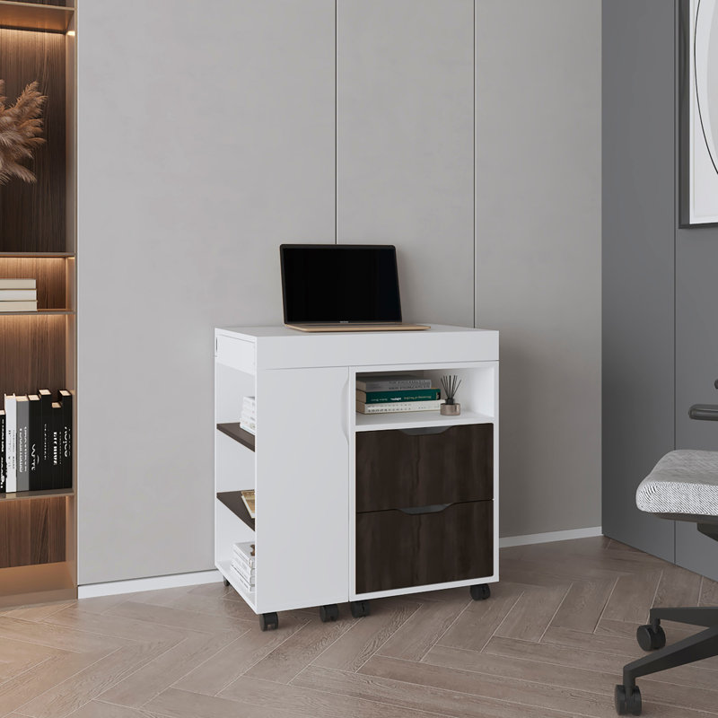 San Diego 54" Wide Two Drawer Expandable Desk  with Seven Shelves and Casters White - Dark Walnut