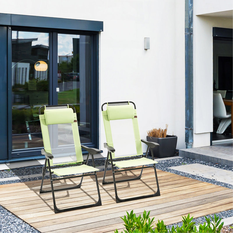 Ensemble de 2 chaises de patio pliantes, chaise longue d'extérieur à dossier réglable, chaise de camping avec appui-tête amovible pour le jardin, la cour, la pelouse, vert