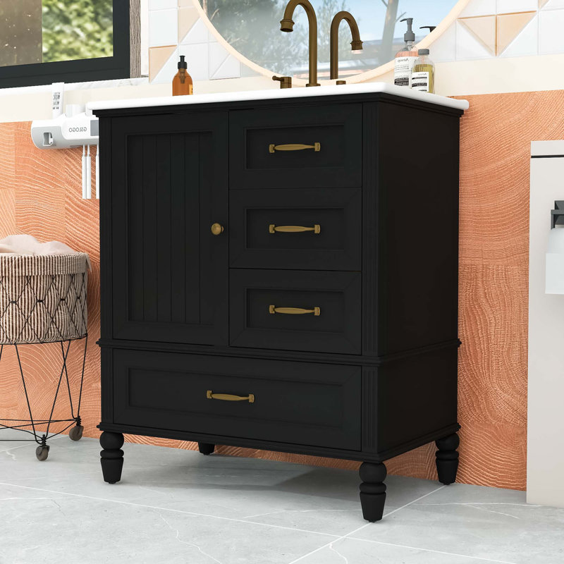 Meuble-lavabo avec comptoir en céramique, 3 tiroirs, mécanisme de fermeture en douceur et armoire de rangement, Noir