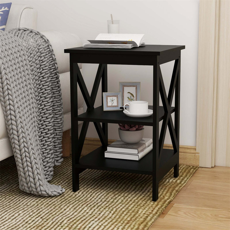 Table de chevet Alvern en noir, table de chevet avec tablette de rangement, petite table d'appoint