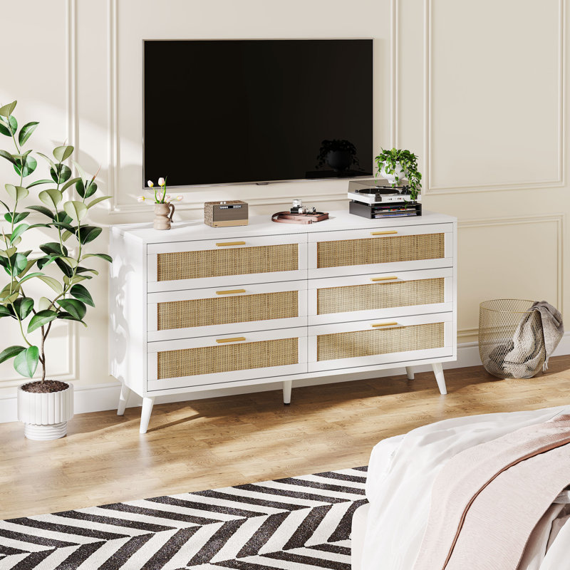 White and Natural Double Dresser with Rattan Drawers