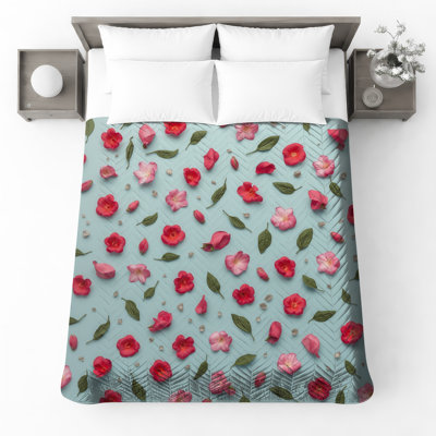 Pink Red Flowers Quilted Bedspread All Sizes