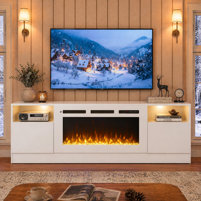 Kenndy 80" TV Stand with Electric Fireplace for TVs up to 90'', LED Lights, Storage Cabinets & Shelves, Black