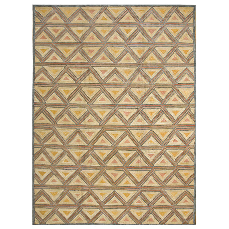Tapis brun / rose / jaune en laine tissé à la main à motif géométrique rectangulaire American Hooked 8 pi x 10 pi