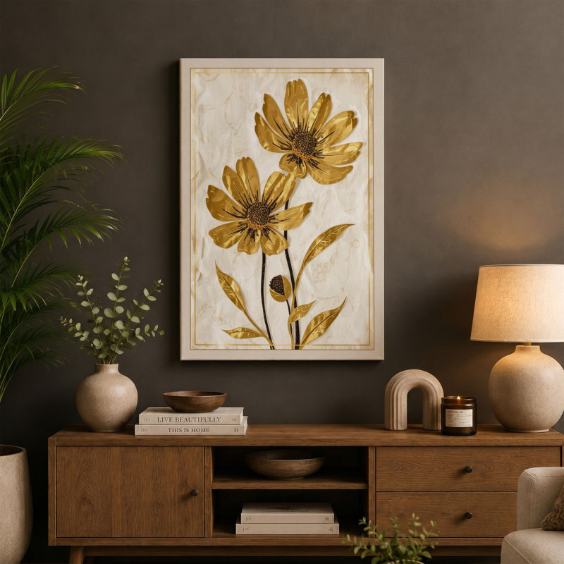 Golden Study Botanical - Wrapped Canvas, 36x24 - 91.4 x 61.0 cm, Teal Border