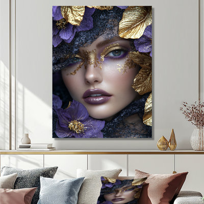 Floral Golden Purple Fashion Woman Photo I - Glam Metal Wall Art Decor, Fashion Woman Metal Print