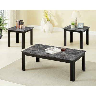 3Pc Table With Traditional Appeal, Rectangular Coffee And Square End Tables, Faux Marble Tops, Gray Finish, Simple Assembly Pamphlet Character, Effortless