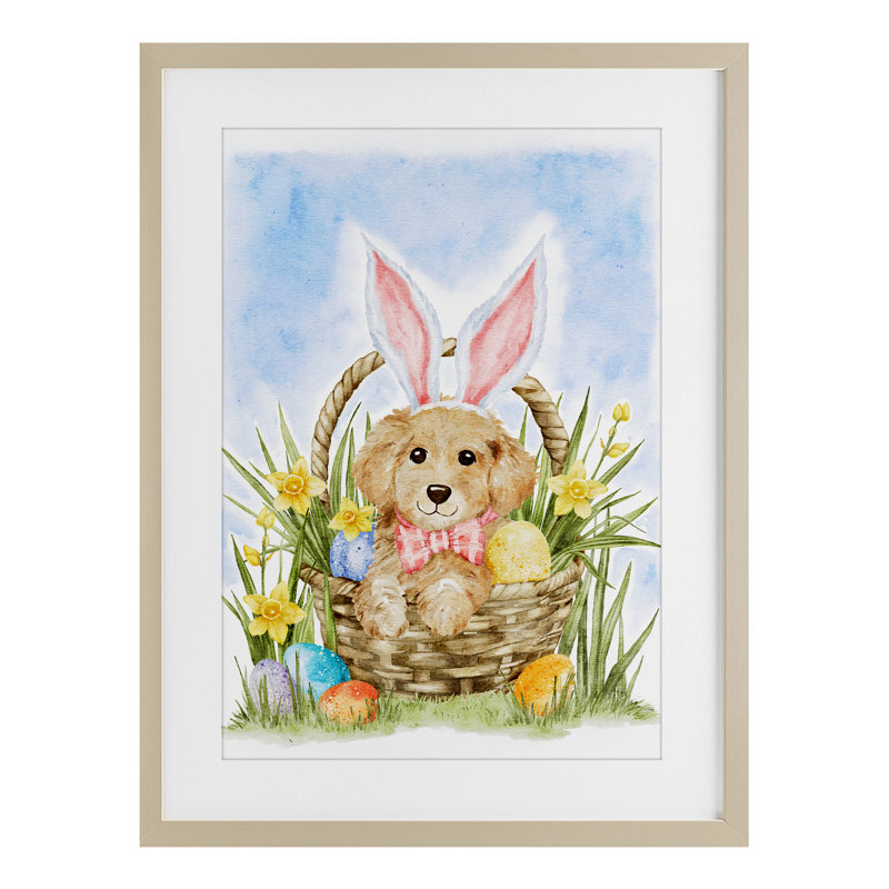 Printemps, Pâques, chiot, reproduction encadrée sous verre, conception par Amy Hall, H 23 po x l 17 po