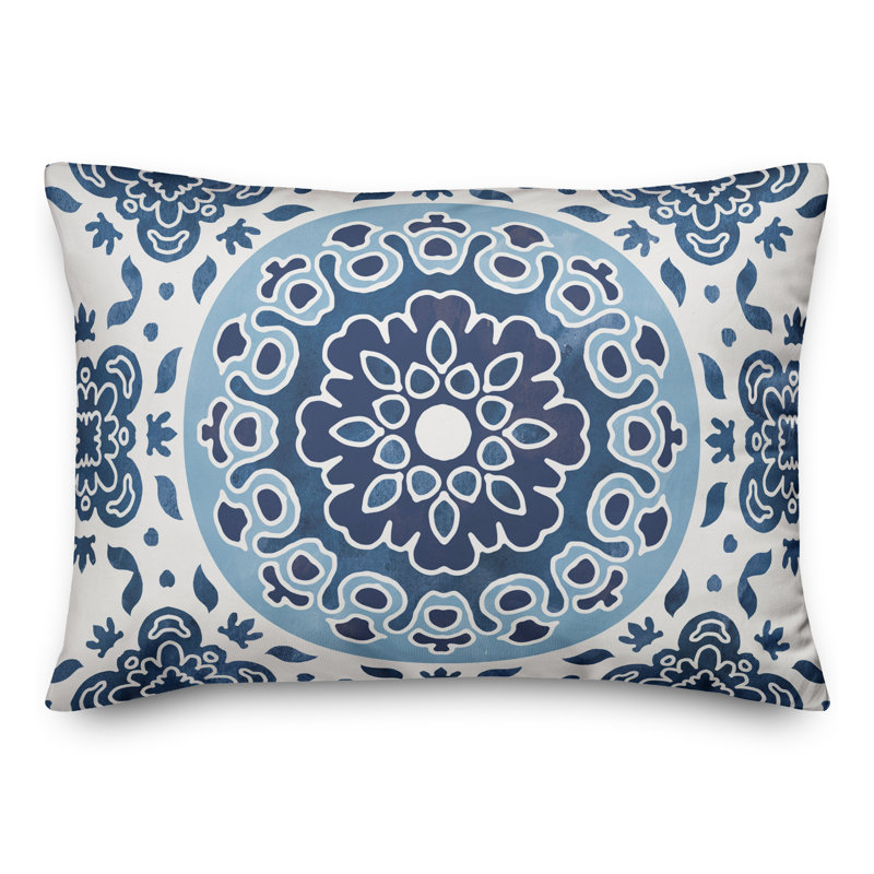 Outdoor Reversible Throw Pillow, Blue, Floral 1