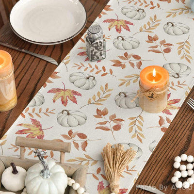 Pumpkins Maple Leaves Brown Wood Fall Table Runner, Seasonal Autumn Kitchen Dining Table Decoration For Home Party Decor 13X36 Inch
