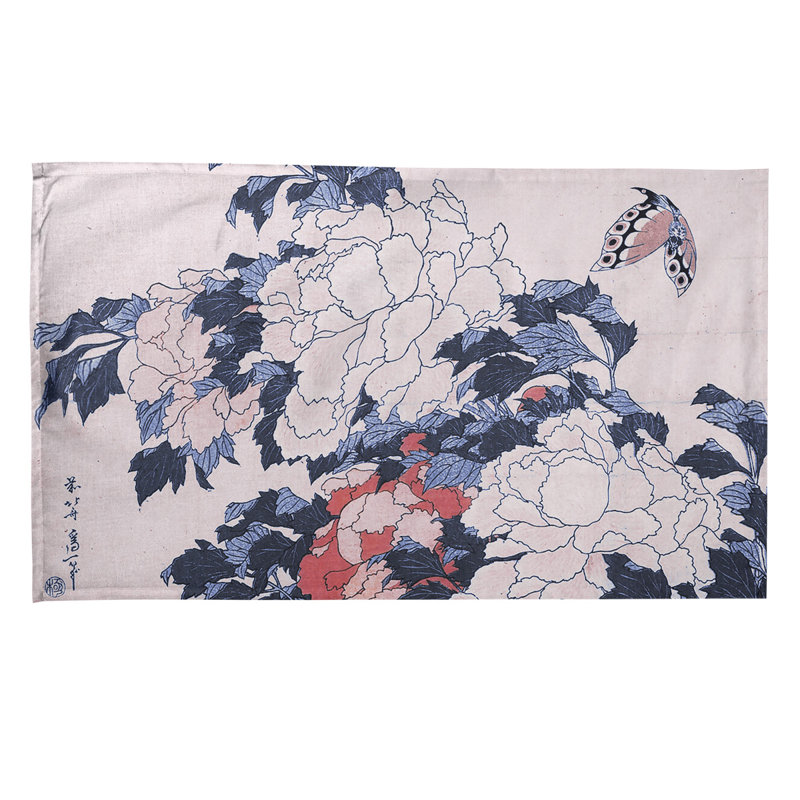 Serviette de thé pivoines et papillon, Rouge / Bleu, Polyester sergé