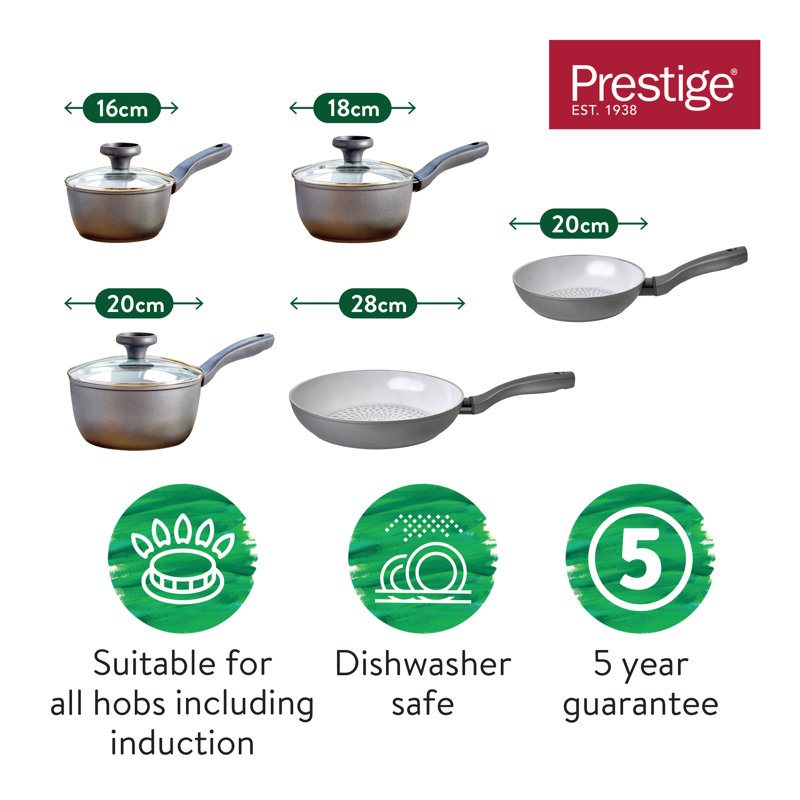 Earthpan Recycled induction Dishwasher Safe 5 Piece Saucepan and Frying Pan Set - 16,18,20cm Saucepans with Toughened Glass Lids and 20cm and 28cm Frying Pans