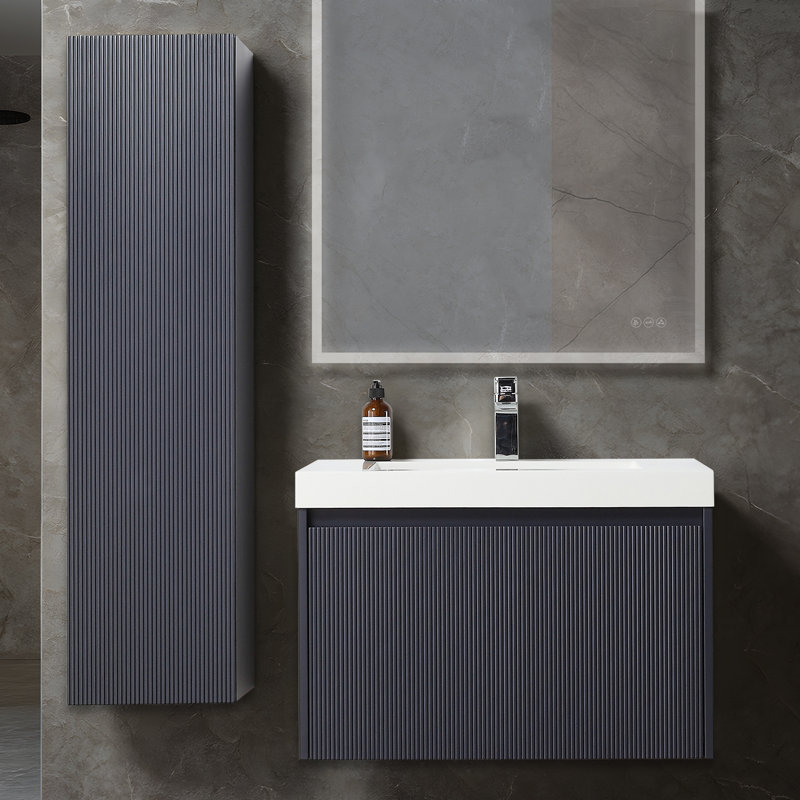 Ledell 30'' Wall-Mounted Bathroom Vanity with Acrylic Sink and Side Cabinet – Fluted Front, Soft-Close Drawers, Night Blue