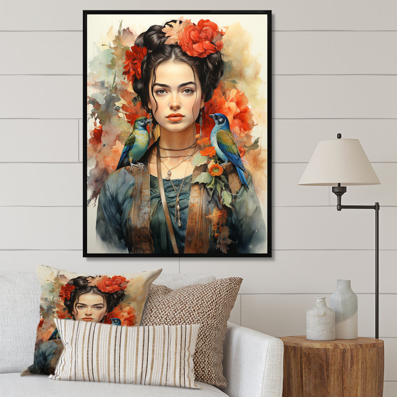 «Lynnete Coral Teal Mexico Art Selfportrait» avec - reproduction, H 32 po x l 24 po x P 1 po, Cadre flottant noir