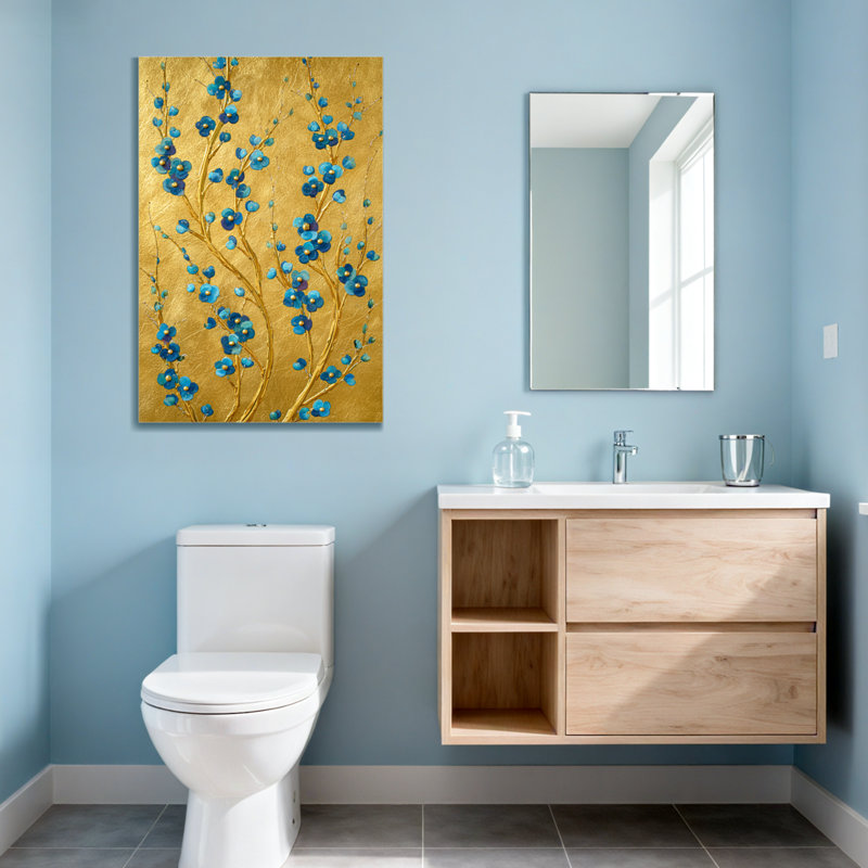 Plantes et fleurs fleurs bleues sur fond doré, H 24 po x l 16 po