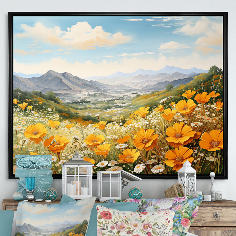 Jaune souci dans un paysage de montagne I - impression, Cadre flottant noir, H 34 po x l 44 po x P 1,5 po
