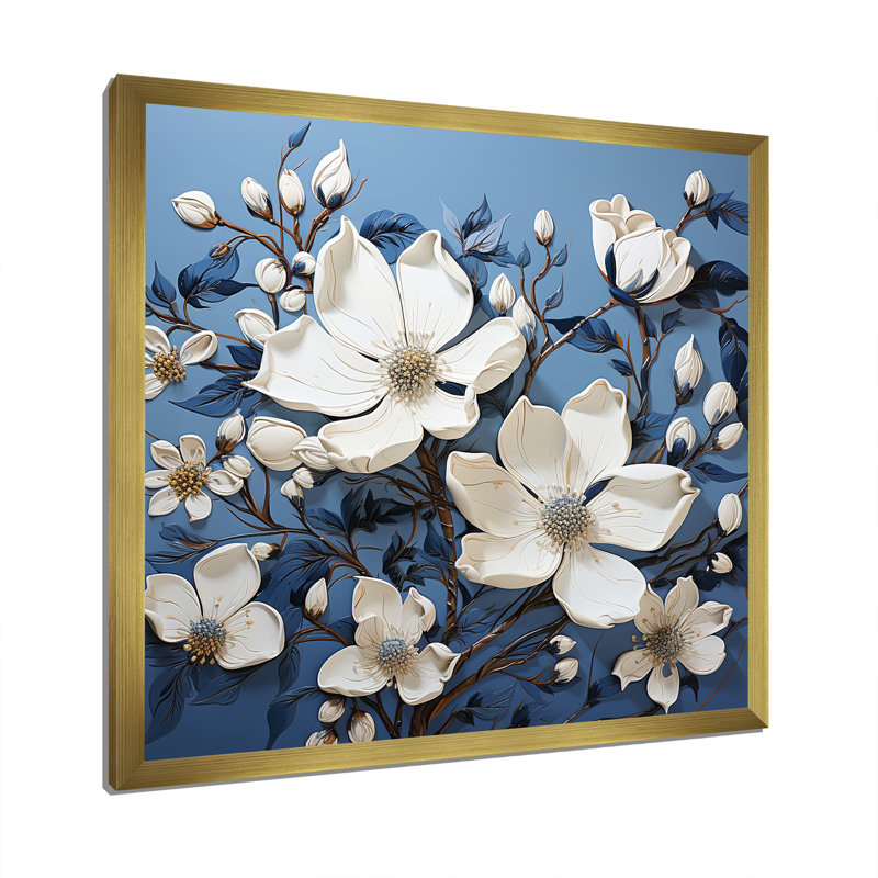 «Magnolia» en bleu et blanc sur fond élégant, Cadre doré simple, H 16 po x l 16 po x P 1 po