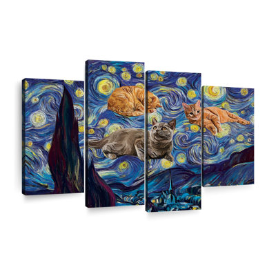 " Lazy Cats Starry Night Multi Piece Canvas Print " by Oliver L 4 - Pieces
